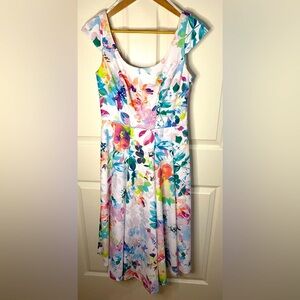 Calvin Klein White & Colorful Floral Formal Midi Dress Size 8
